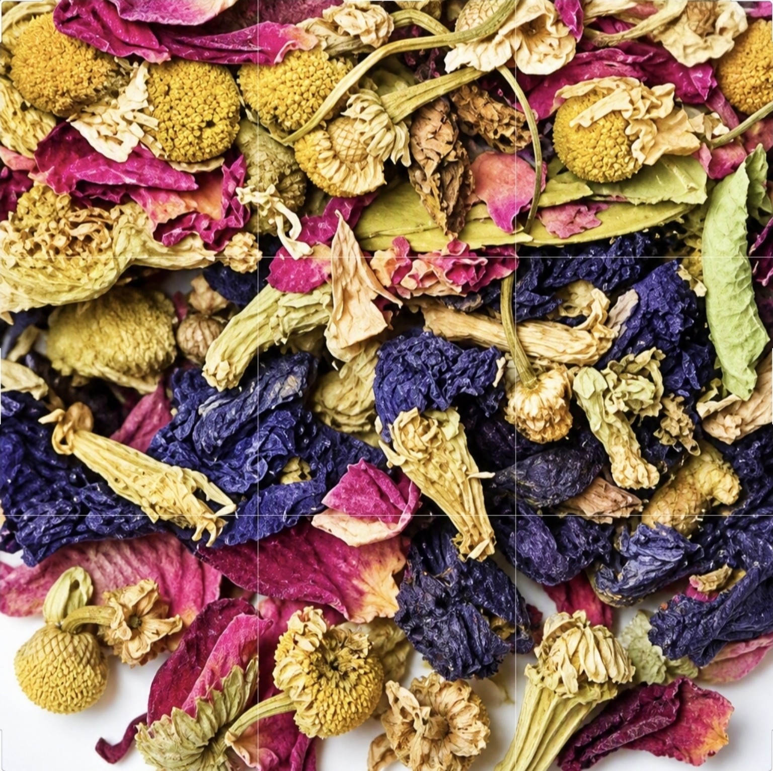 Colorful loose herbal tea blend with dried flowers and botanicals