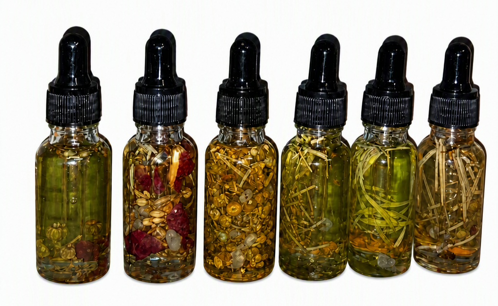 Example photo: six unlabeled 1 oz glass dropper bottles of herbal ritual oil